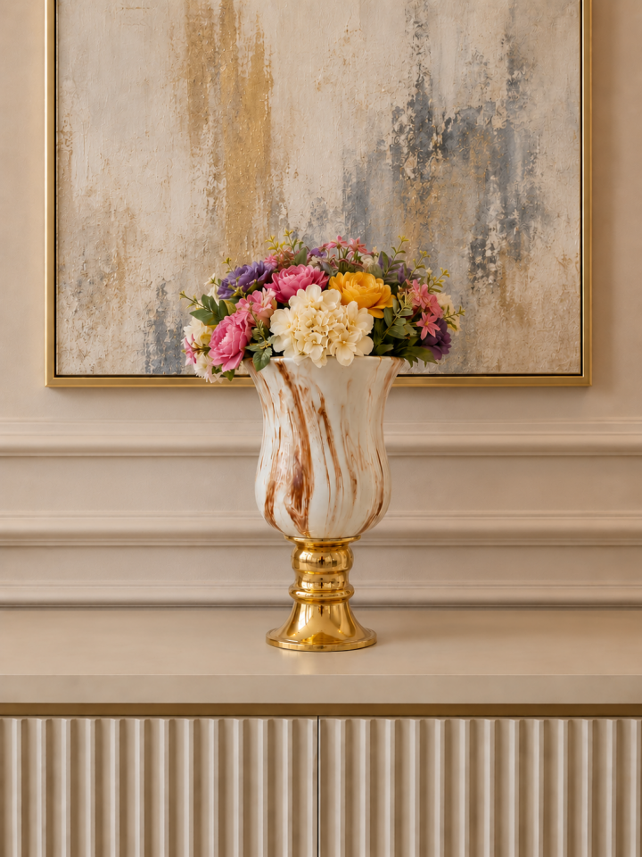 Ev Dekorasyon Aksesuarı Ayaklı Çan Vazo Kahverengi Marble Gold