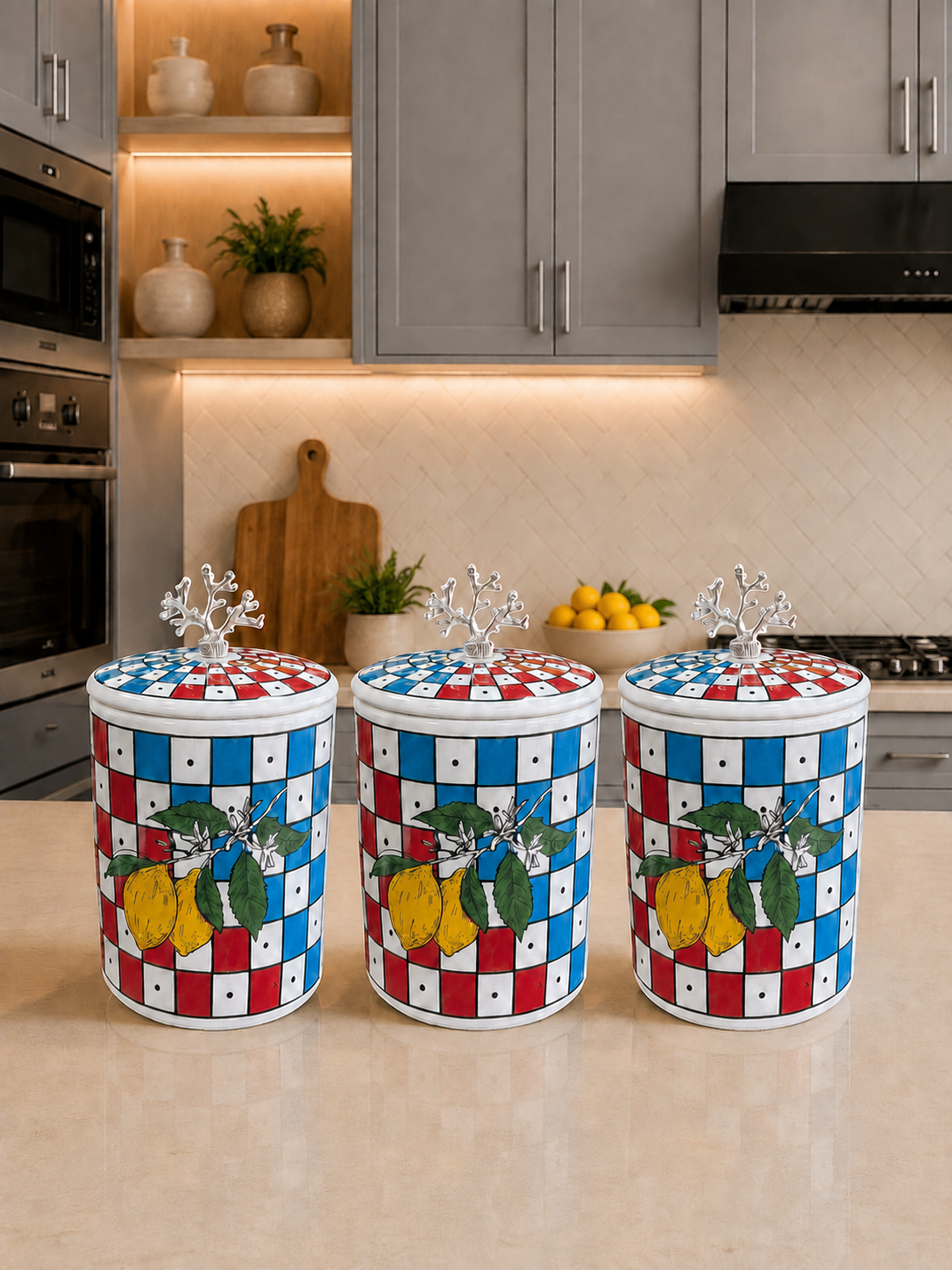 Baharatlık - Kahve Köşesi 3 lü Set Düz Kapak Limon Dama Desen Gümüş