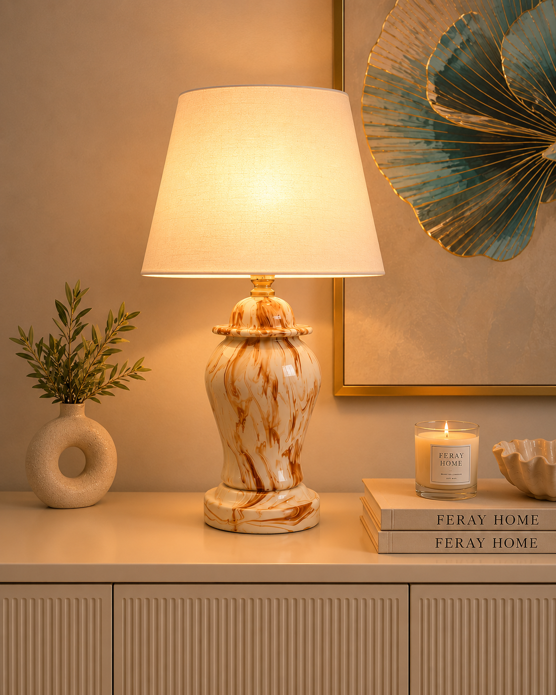 Abajur Aydınlatma Seramik Şah Küp Kapaklı Kahverengi Marble Beyaz Şapka Gold