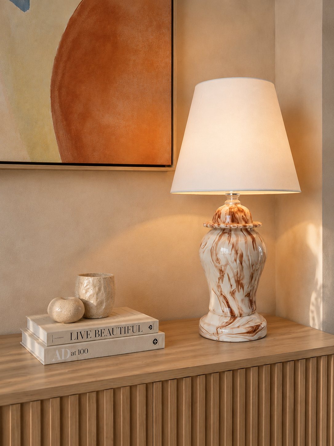 Abajur Aydınlatma Seramik Şah Küp Kapaklı Kahverengi Marble Beyaz Şapka Gümüş