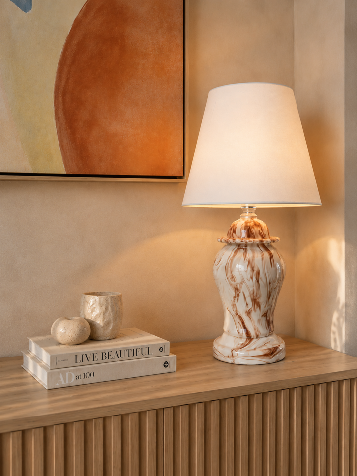 Abajur Aydınlatma Seramik Şah Küp Kapaklı Kahverengi Marble Beyaz Şapka GÜMÜŞ