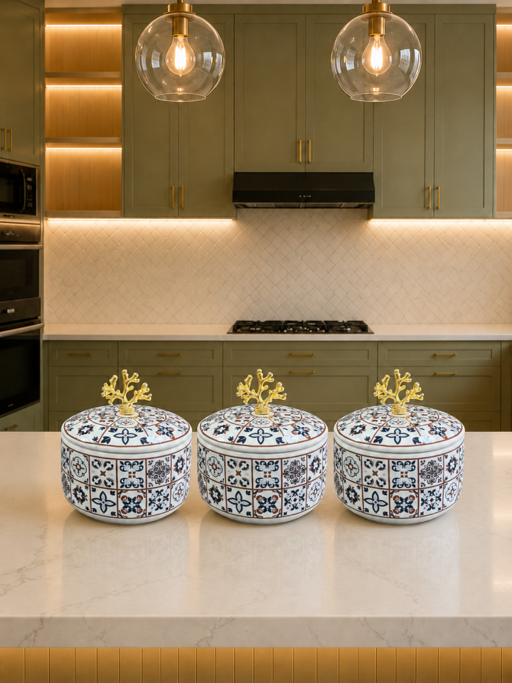 Çeyiz Seti - 105 Düz Kapak 10 Parça Ceramic Desen Mutfak Seti Gold