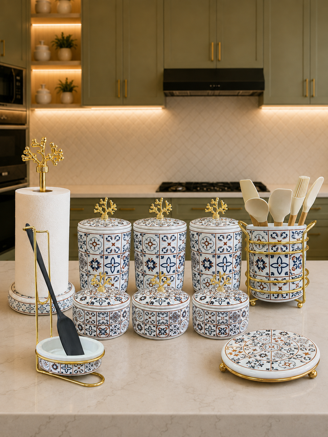 Çeyiz Seti - 105 Düz Kapak 10 Parça Ceramic Desen Mutfak Seti Gold