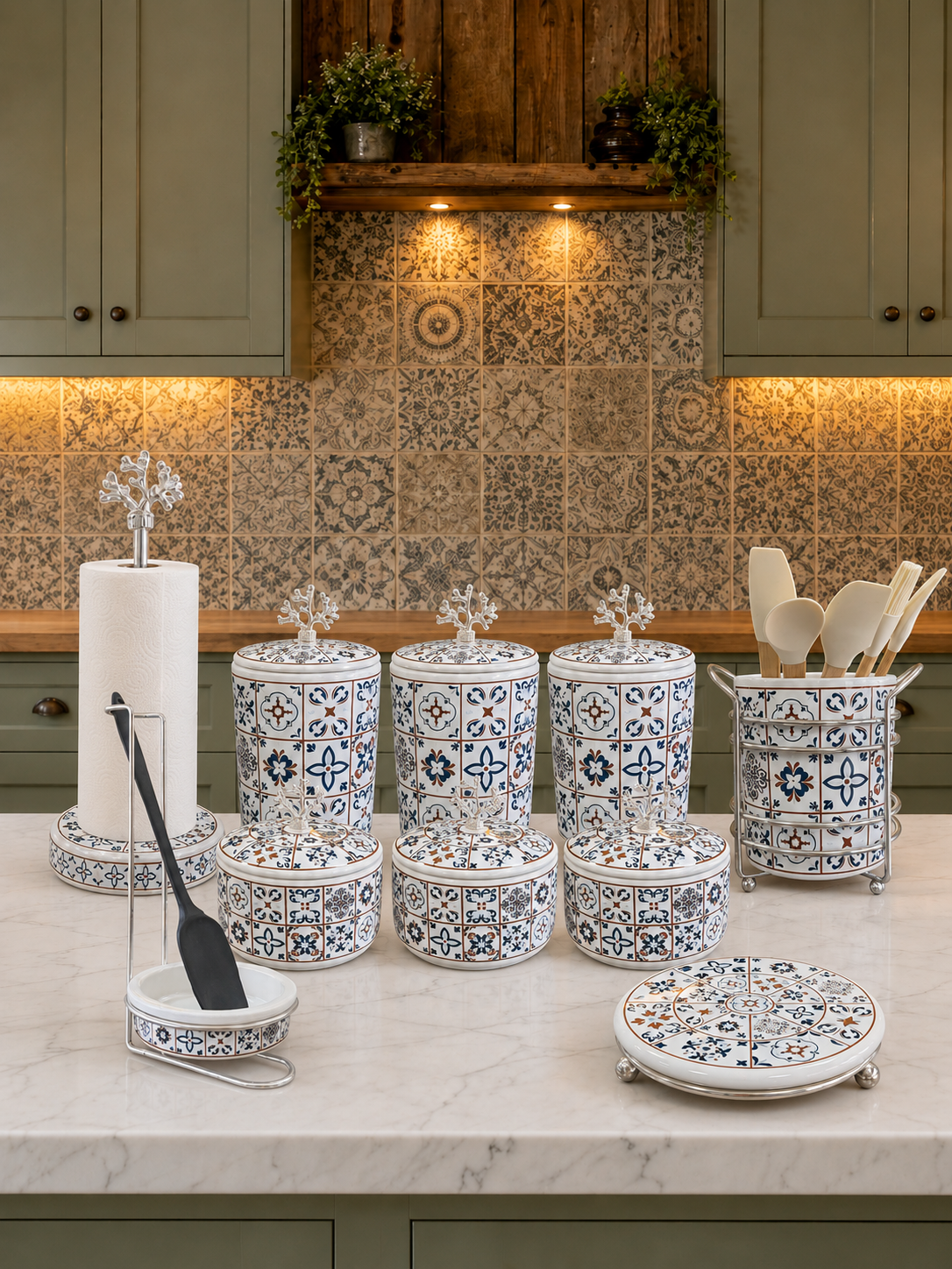 Çeyiz Seti - 105 Düz Kapak 10 Parça Ceramic Desen Mutfak Seti Gümüş