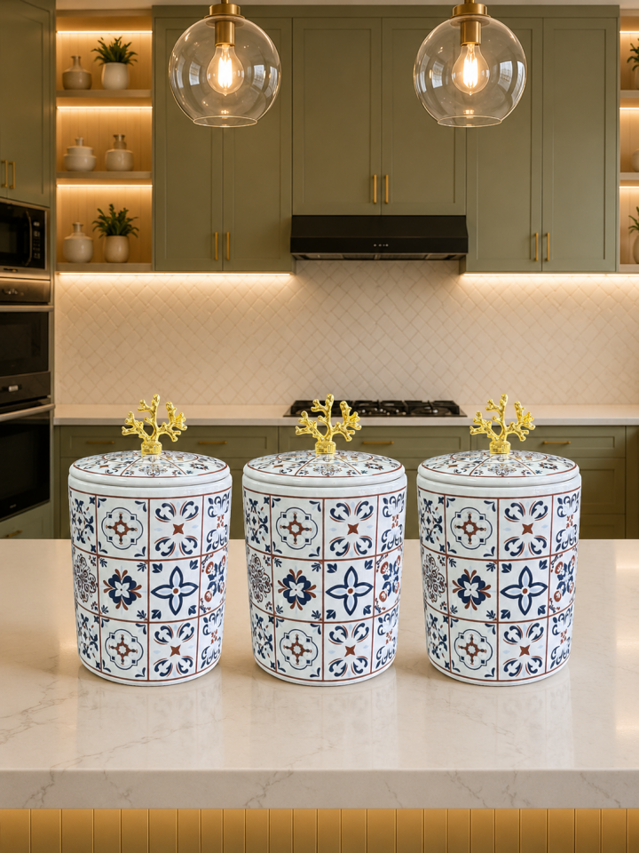Baharatlık - Kahve Köşesi 3 lü Set Düz Kapak Ceramic Desen Gold