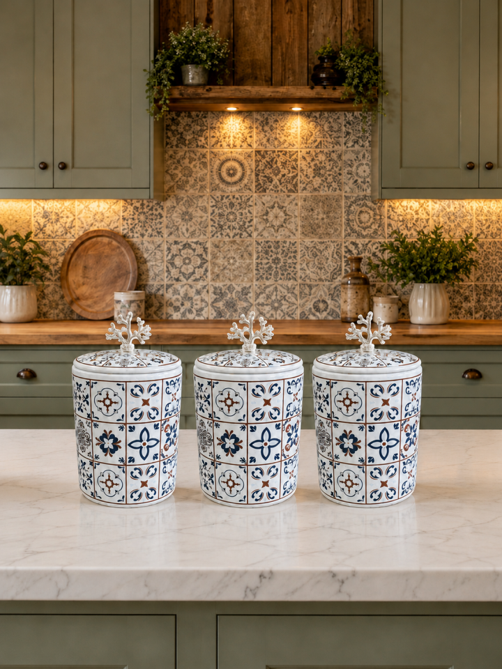 Baharatlık - Kahve Köşesi 3 lü Set Düz Kapak Ceramic Desen GÜMÜŞ