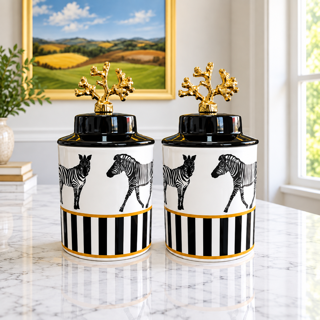 İkili Baharatlık - Seramik Kapaklı Zebra At Gold Silindir Gold