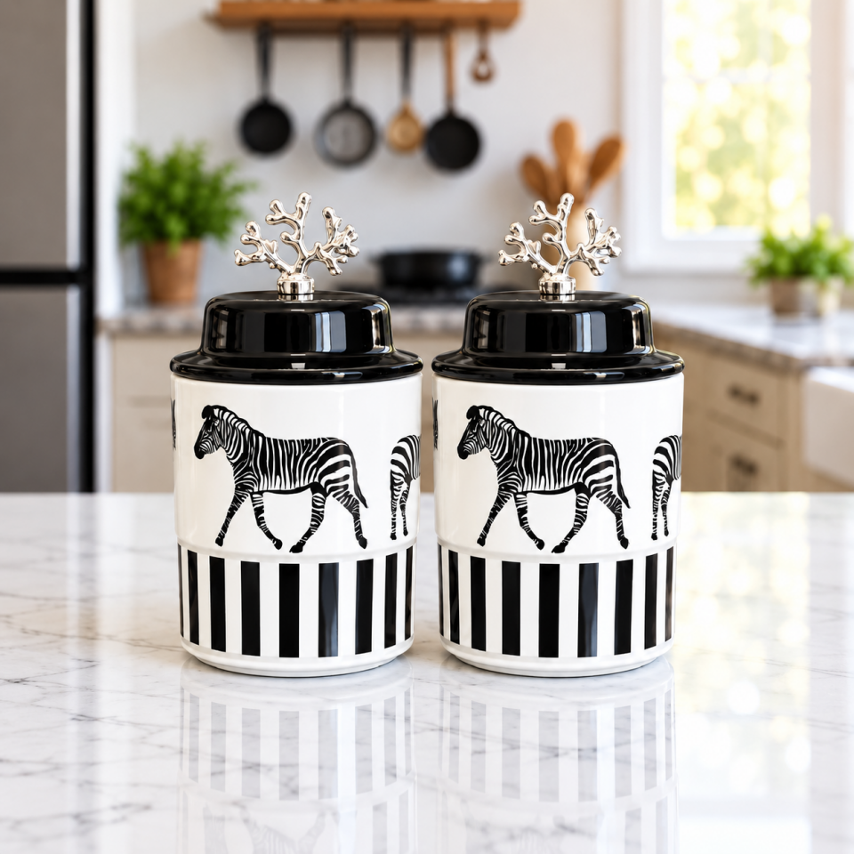 Dekoratif - 2'li Seramik Kapaklı Zebra At Gümüş Silindir Gümüş