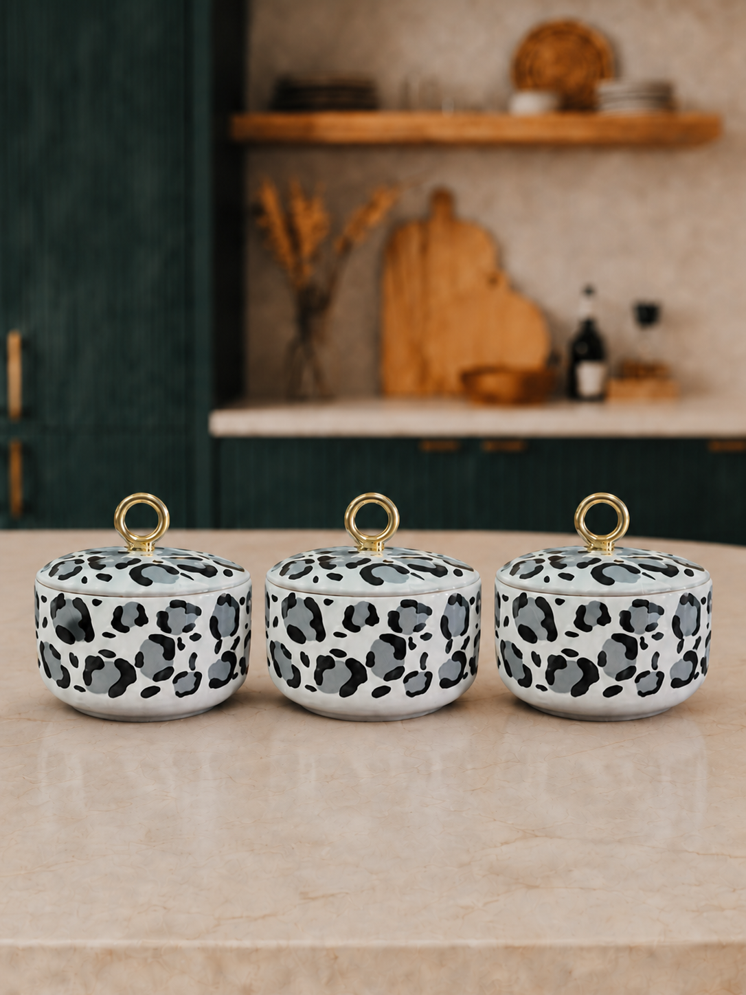 Kahvaltılık - 3 lü Set Seramik Gri Leopar Desenli Halka Zamaklı Gold