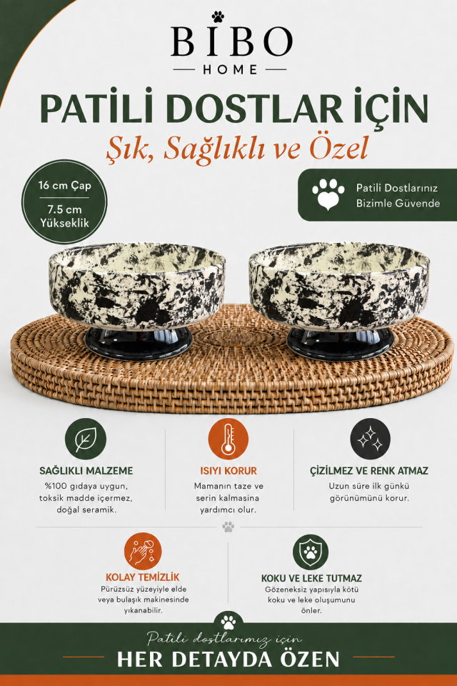 Mama Kabı - Kedi ve Köpek Ayaklı 2 li Seramik Doğal Mama ve Su Kabı Ebruli Siyah