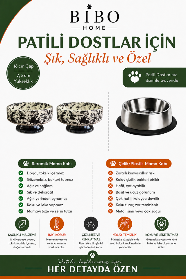 Mama Kabı - Kedi ve Köpek Ayaklı 2 li Seramik Doğal Mama ve Su Kabı Ebruli Siyah
