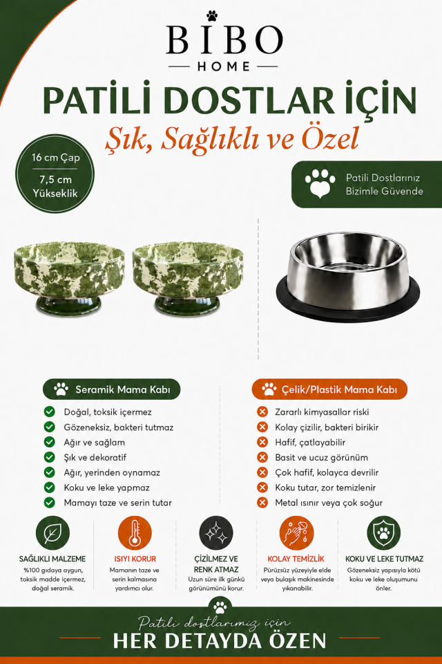 Mama Kabı - Kedi ve Köpek Ayaklı 2 li Seramik Doğal Mama ve Su Kabı Ebruli Yeşil