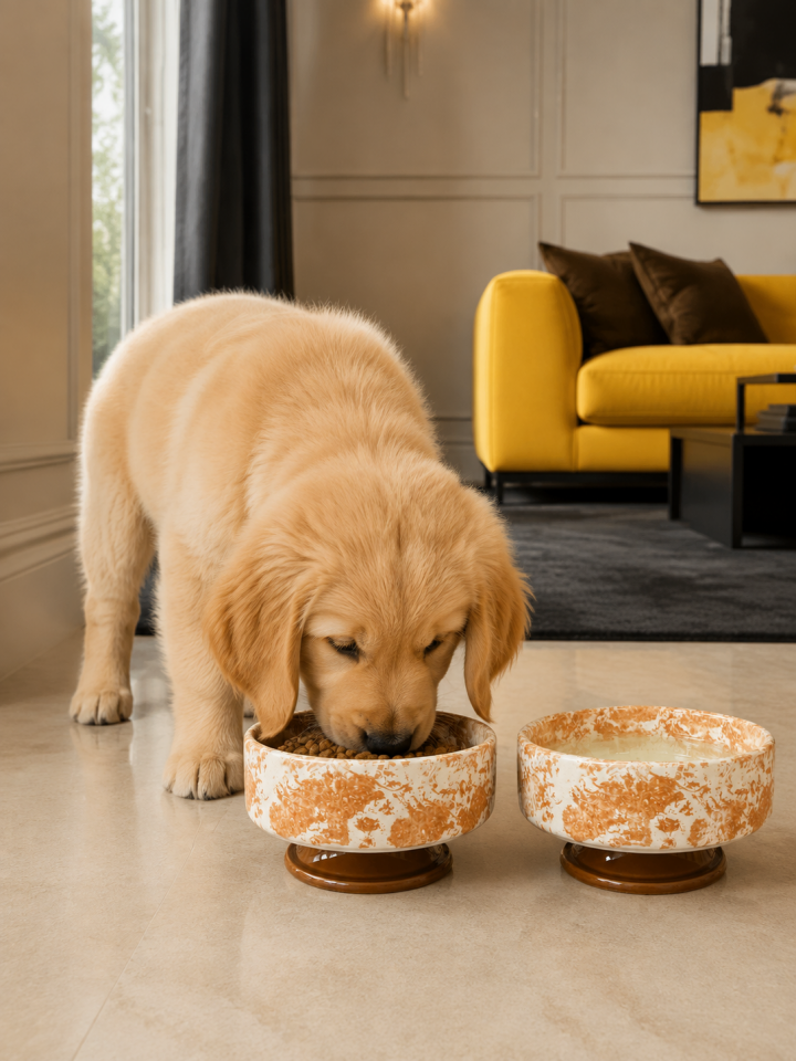 Mama Kabı - Kedi ve Köpek Ayaklı 2 li Seramik Doğal Mama ve Su Kabı Ebruli Kahverengi
