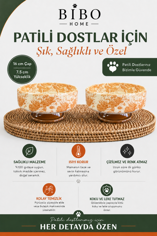 Mama Kabı - Kedi ve Köpek Ayaklı 2 li Seramik Doğal Mama ve Su Kabı Ebruli Kahverengi