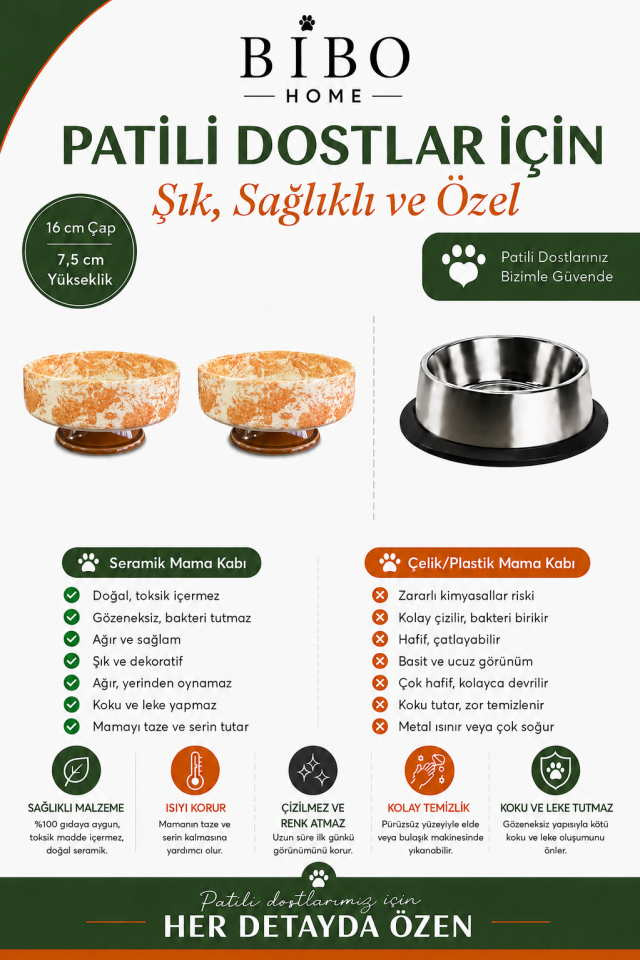 Mama Kabı - Kedi ve Köpek Ayaklı 2 li Seramik Doğal Mama ve Su Kabı Ebruli Kahverengi