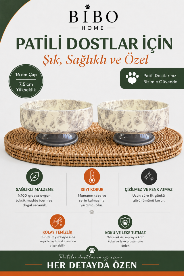 Mama Kabı - Kedi ve Köpek Ayaklı 2 li Seramik Doğal Mama ve Su Kabı Ebruli Gri