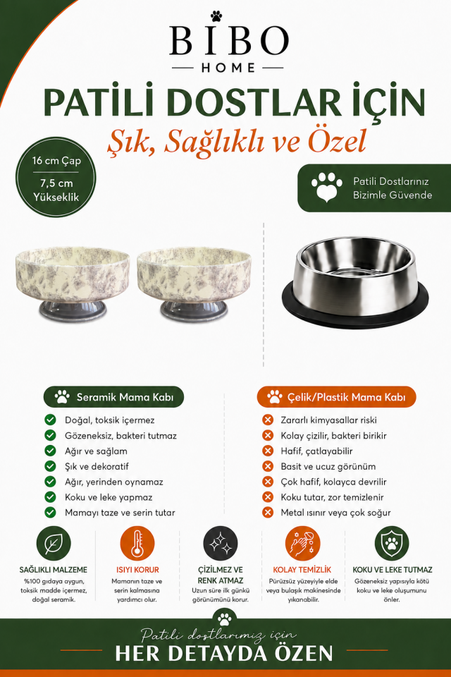 Mama Kabı - Kedi ve Köpek Ayaklı 2 li Seramik Doğal Mama ve Su Kabı Ebruli Gri