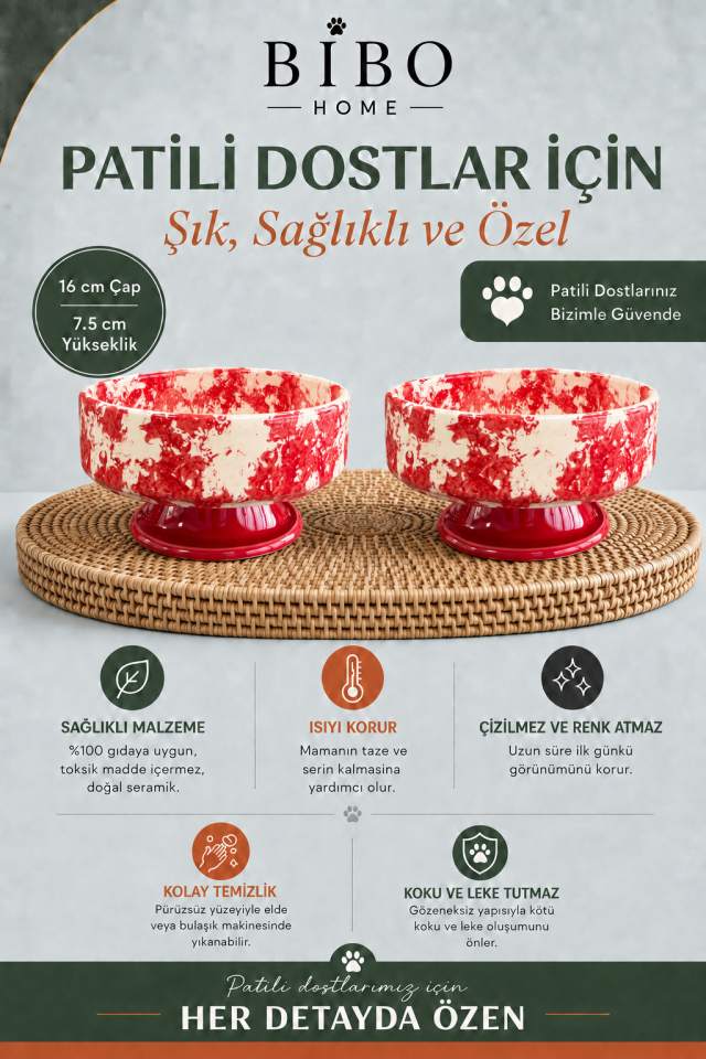 Mama Kabı - Kedi ve Köpek Ayaklı 2 li Seramik Doğal Mama ve Su Kabı Ebruli Kırmızı