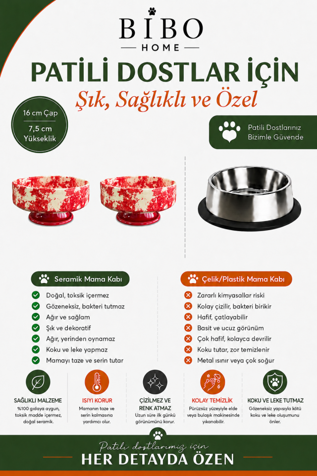 Mama Kabı - Kedi ve Köpek Ayaklı 2 li Seramik Doğal Mama ve Su Kabı Ebruli Kırmızı