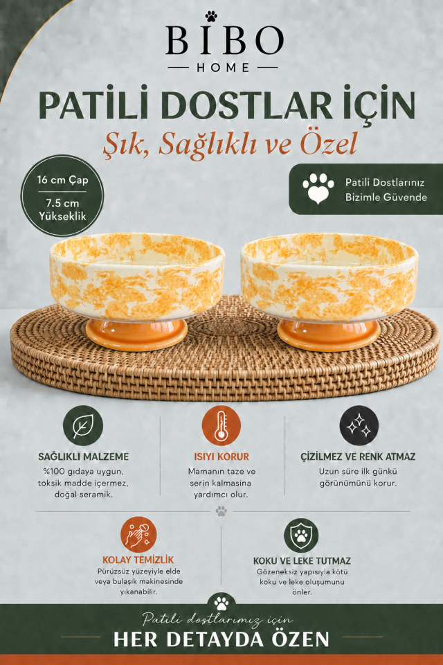 Mama Kabı - Kedi ve Köpek Ayaklı 2 li Seramik Doğal Mama ve Su Kabı Ebruli Soft Sarı