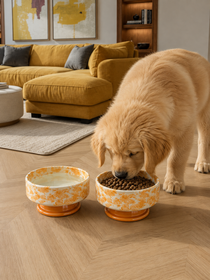 Mama Kabı - Kedi ve Köpek Ayaklı 2 li Seramik Doğal Mama ve Su Kabı Ebruli Soft Sarı