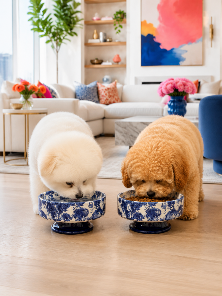 Mama Kabı - Kedi ve Köpek Ayaklı 2 li Seramik Doğal Mama ve Su Kabı Ebruli Lacivert
