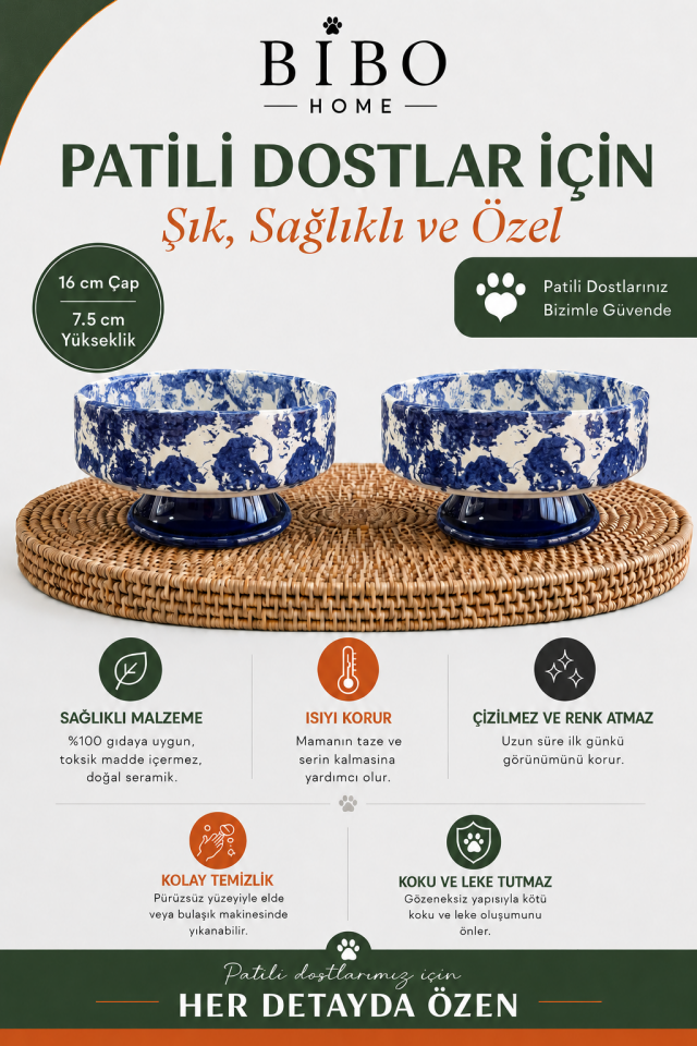 Mama Kabı - Kedi ve Köpek Ayaklı 2 li Seramik Doğal Mama ve Su Kabı Ebruli Lacivert
