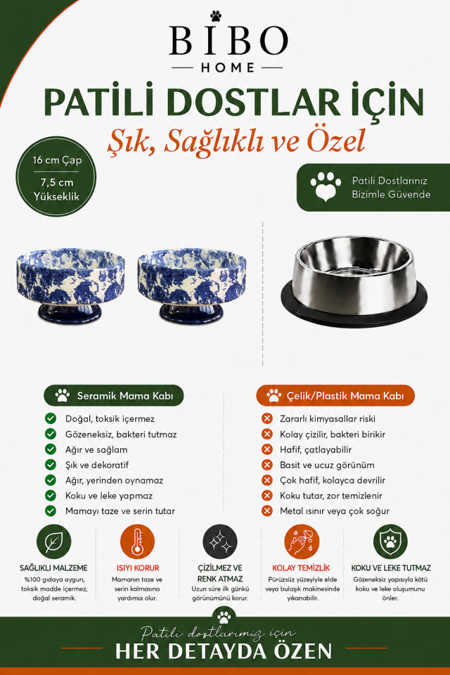 Mama Kabı - Kedi ve Köpek Ayaklı 2 li Seramik Doğal Mama ve Su Kabı Ebruli Lacivert