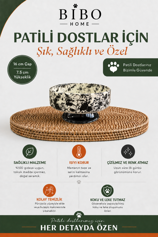 Mama Kabı - Kedi ve Köpek 1 Adet Doğal Mama veya Su Kabı Ebruli Siyah