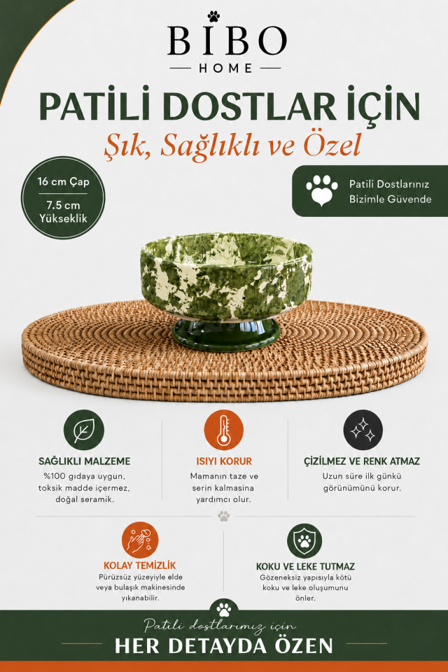 Mama Kabı - Kedi ve Köpek 1 Adet Doğal Mama veya Su Kabı Ebruli Yeşil