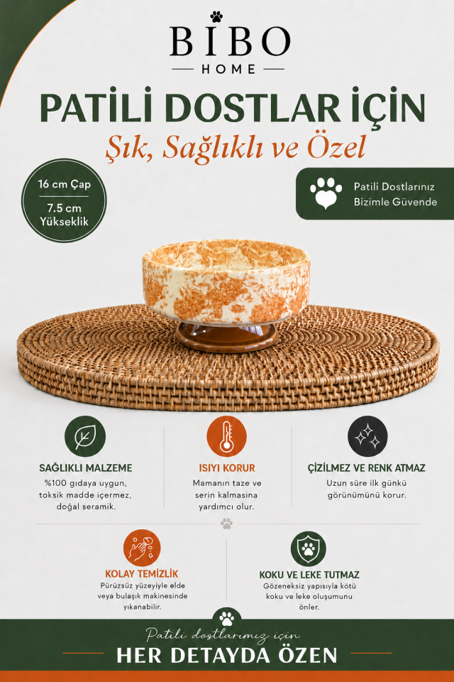 Mama Kabı - Kedi ve Köpek 1 Adet Doğal Mama veya Su Kabı Ebruli Kahverengi
