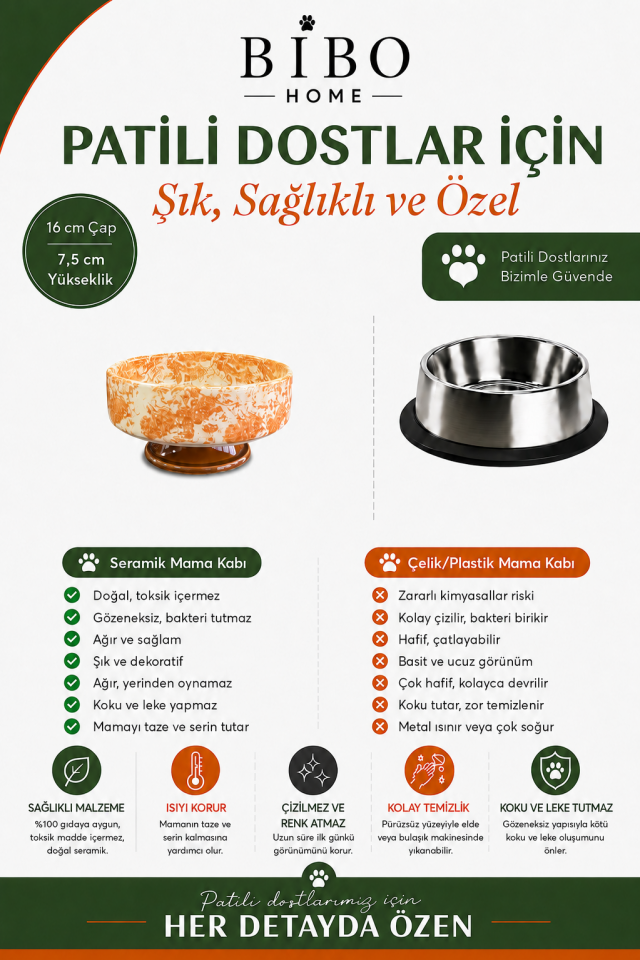 Mama Kabı - Kedi ve Köpek 1 Adet Doğal Mama veya Su Kabı Ebruli Kahverengi