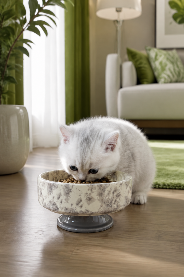 Mama Kabı - Kedi ve Köpek 1 Adet Doğal Mama veya Su Kabı Ebruli Gri