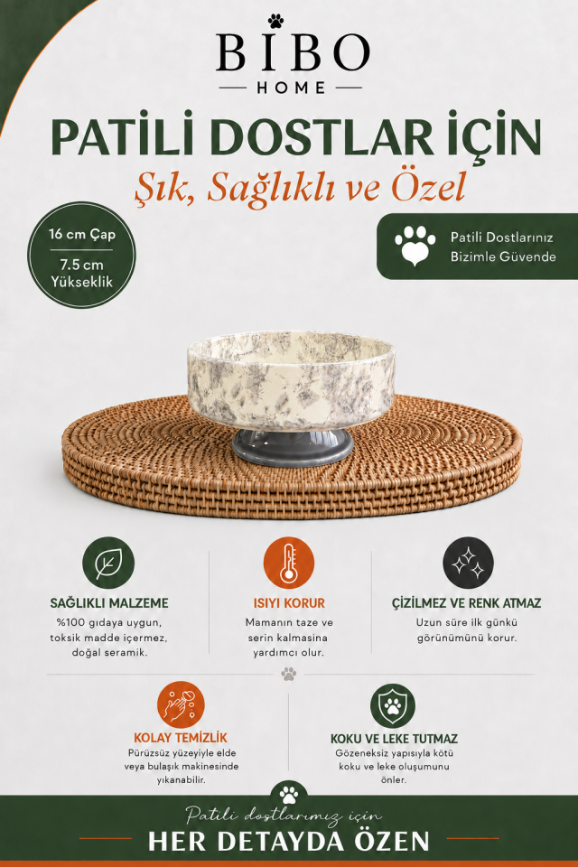 Mama Kabı - Kedi ve Köpek 1 Adet Doğal Mama veya Su Kabı Ebruli Gri