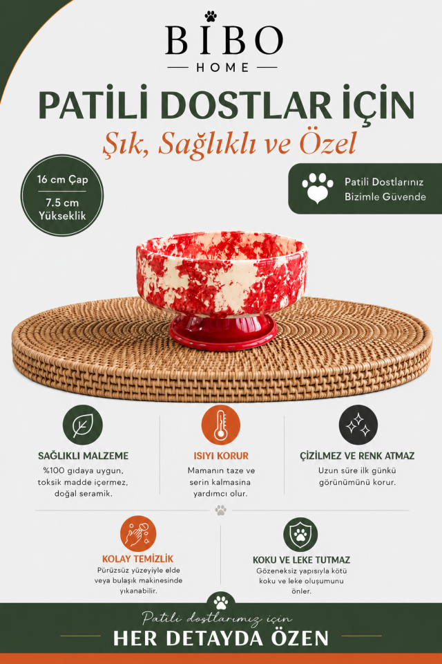 Mama Kabı - Kedi ve Köpek 1 Adet Doğal Mama veya Su Kabı Ebruli Kırmızı