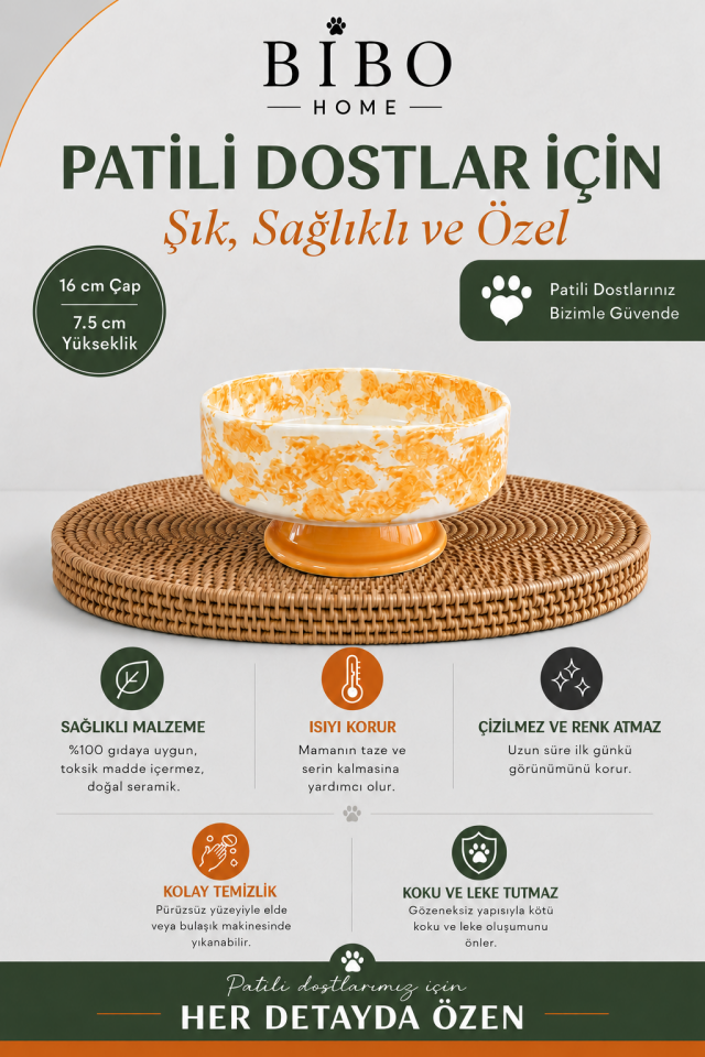 Mama Kabı - Kedi ve Köpek 1 Adet Doğal Mama veya Su Kabı Ebruli Soft Sarı