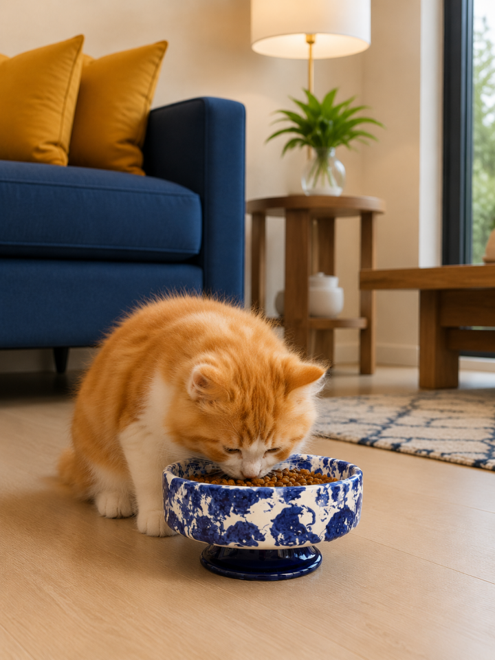 Mama Kabı - Kedi ve Köpek 1 Adet Doğal Mama veya Su Kabı Ebruli Lacivert