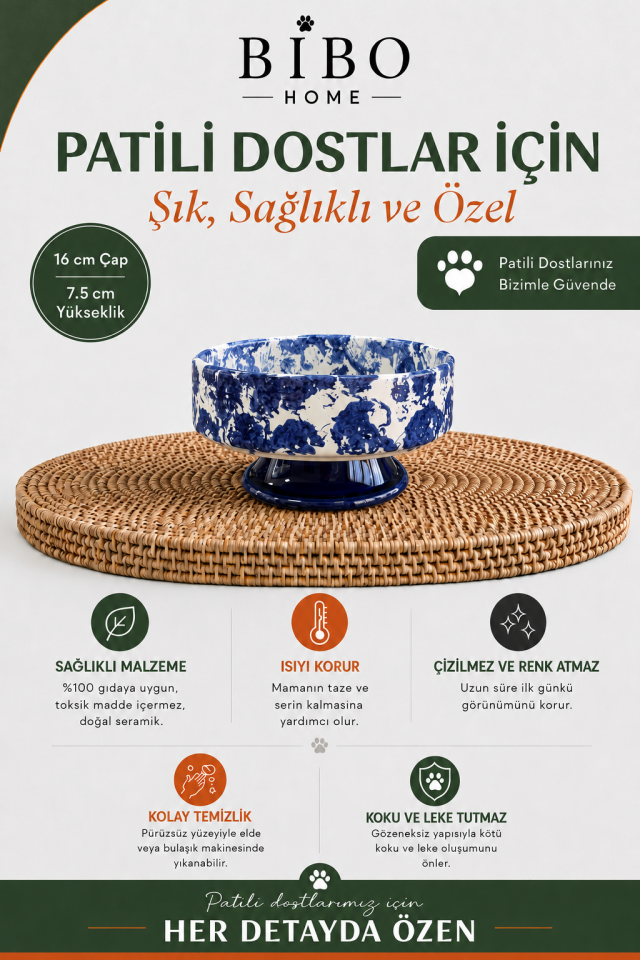 Mama Kabı - Kedi ve Köpek 1 Adet Doğal Mama veya Su Kabı Ebruli Lacivert