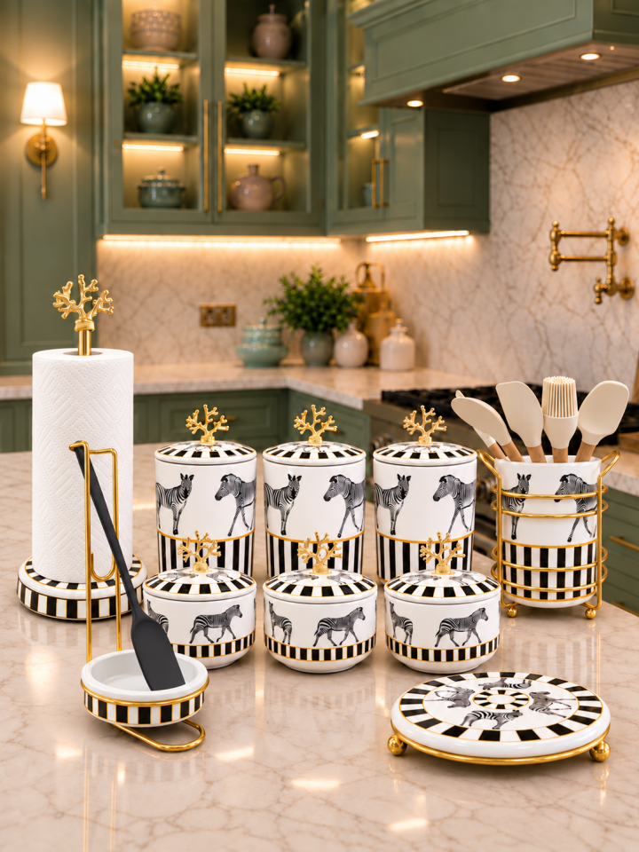 Çeyiz Seti - 105 Düz Kapak 10 Parça Zebra At Mutfak Seti Mercan Gold