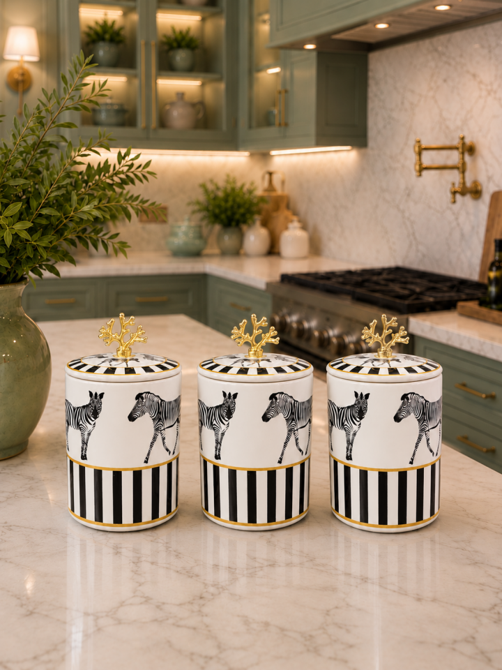 Çeyiz Seti - 105 Düz Kapak 10 Parça Zebra At Mutfak Seti Mercan Gold