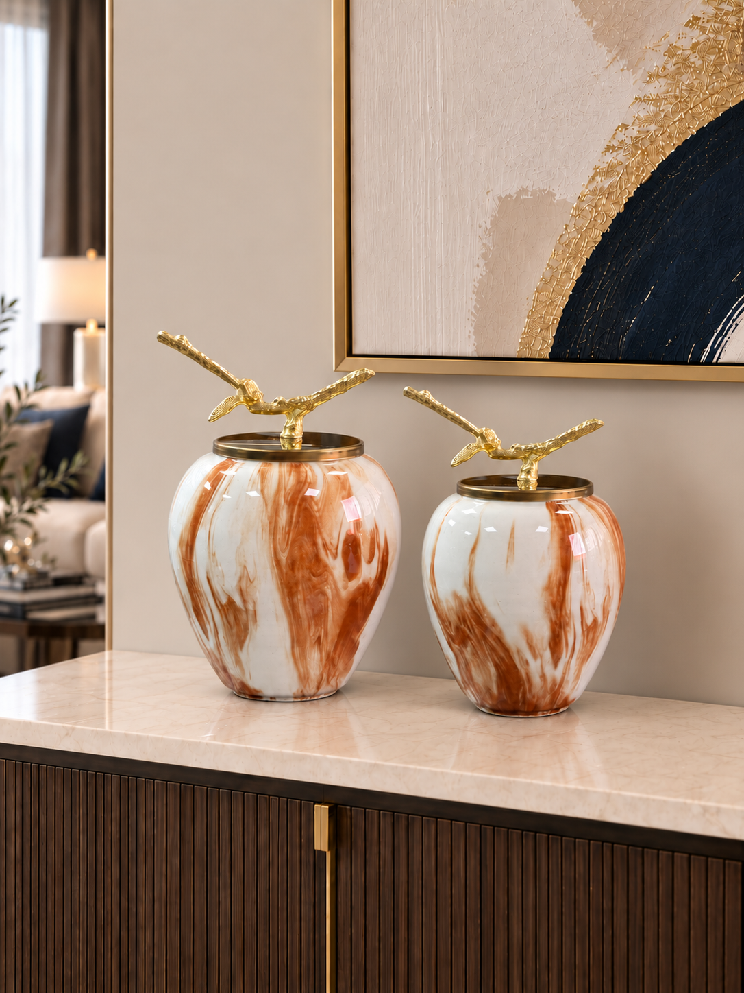 Dekoratif Obje - Sultan 2 li Küp Kahverengi Marble Gold