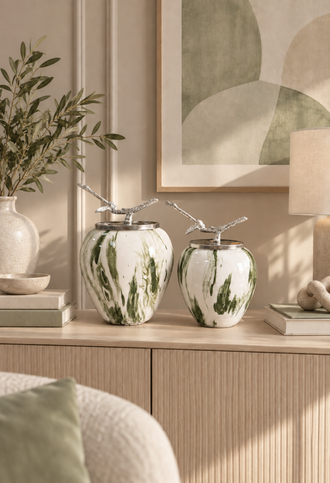 Dekoratif Obje - Sultan 2 li Küp Yeşil Marble GÜMÜŞ