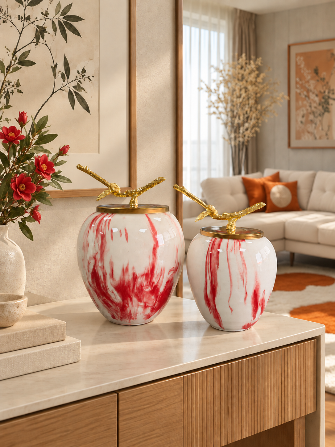 Dekoratif Obje - Sultan 2 li Küp Kırmızı Marble Gold
