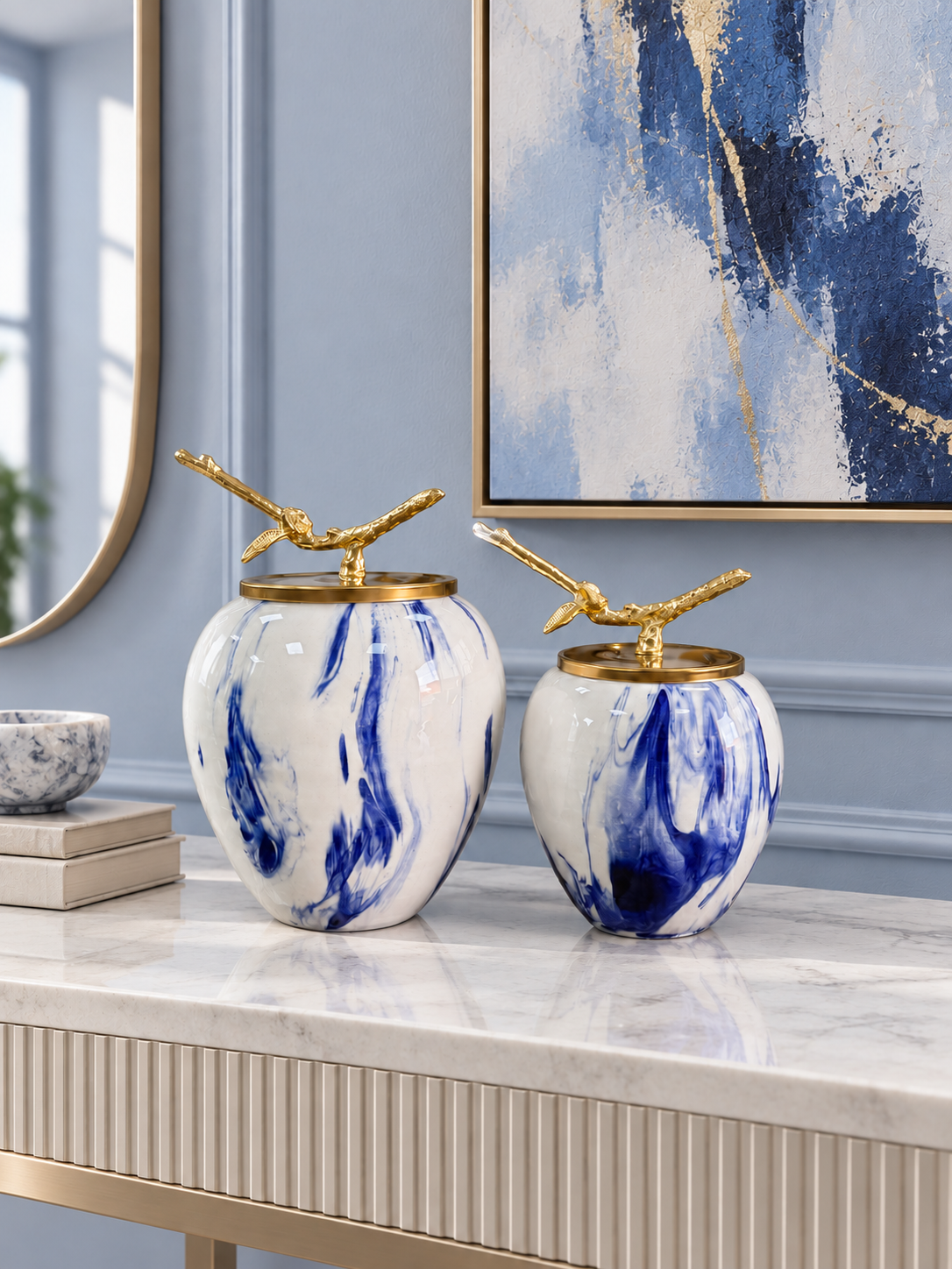 Dekoratif Obje - Sultan 2 li Küp Lacivert Marble Gold