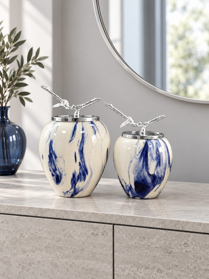 Dekoratif Obje - Sultan 2 li Küp Lacivert Marble GÜMÜŞ