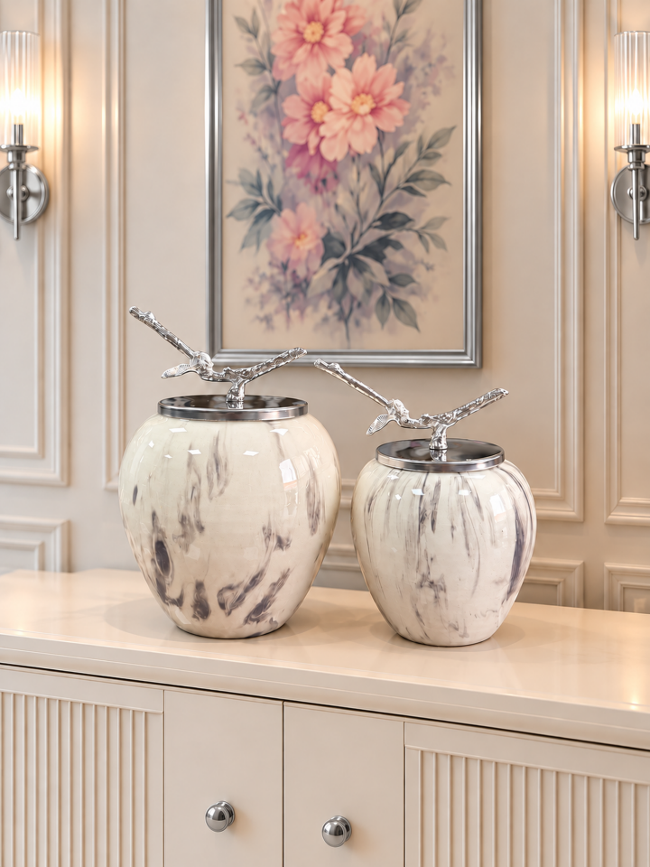 Dekoratif Obje - Sultan 2 li Küp Gri Marble GÜMÜŞ