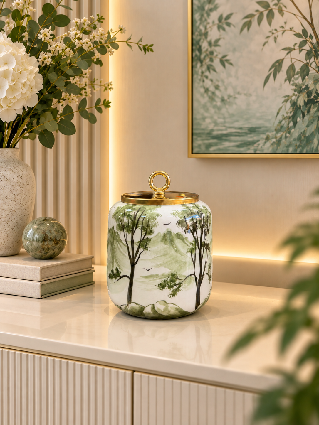 Dekoratif Obje Salon Seti - Oval Şah Takı Seti Manzara Desenli Yeşil Gold – görsel 3