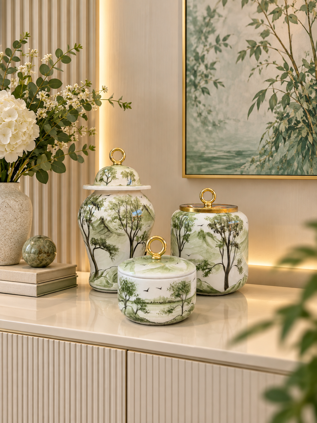 Dekoratif Obje Salon Seti - Oval Şah Takı Seti Manzara Desenli Yeşil Gold