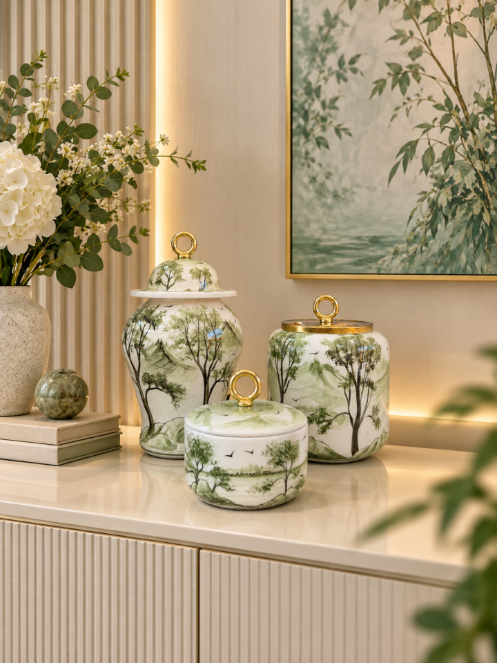 Dekoratif Obje Salon Seti - Oval Şah Takı Seti Manzara Desenli Yeşil Gold