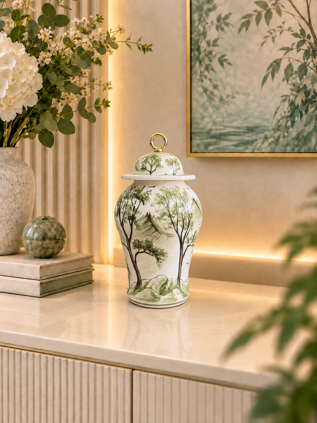 Dekoratif Obje Salon Seti - Oval Şah Takı Seti Manzara Desenli Yeşil Gold – görsel 2